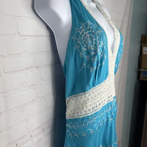 My Choice Dress Summer Halter Top Blue White Lace Embroidery XL KNEE LENGTH