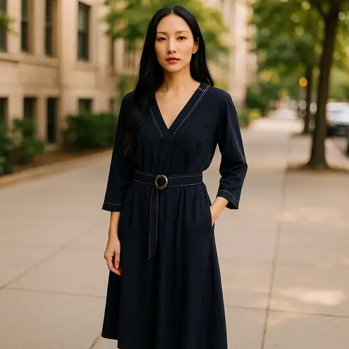 Gibson Latimer Gibson * Latimer Womens Dress Sz S Navy Blue Faux Wrap Belted 3/4 Sleeve New