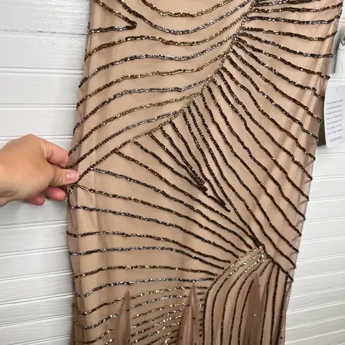 Pisarro Nights Women's Beaded Gown Beige Size 4 Formal Dress Short Sleeve Tan