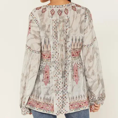 Johnny Was Biya Deliza Embroidered silk Boho Tunic Blouse Large
