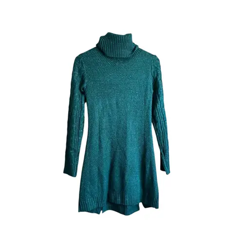 Blue Rain Teal Cable Knit Turtleneck Sweater Dress Metallic Sparkle Small