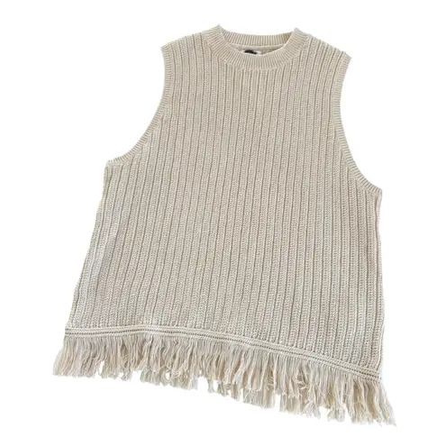J.Crew Fringe Sweater Tank Dusty Ivory Ribbed Knit Crewneck Cotton Top Size XL