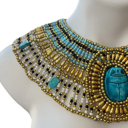 Ancient Egyptian Revival Beaded Scarab Collar
Necklace Handmade Statement Piece Blue