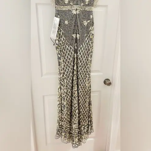 Mac Duggal 4908 HIGH NECK SLEEVELESS BEADED FRINGE FITTED GOWN Platinum Gold