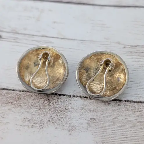 Vintage Clip On Earrings Circle with Cream Enamel & Wavy Lines