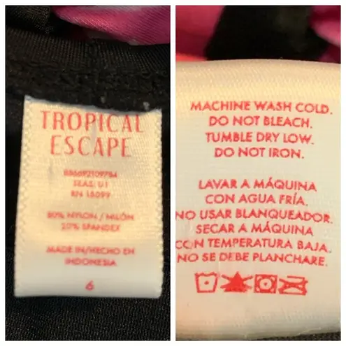 Tropical Escape Women's Black Pink Floral Ruched One Piece Swimsuit Size 6