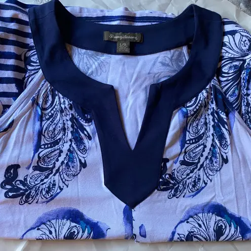 Tommy Bahama Blue and White Feather and Stripe Print Tunic, Women’s Large