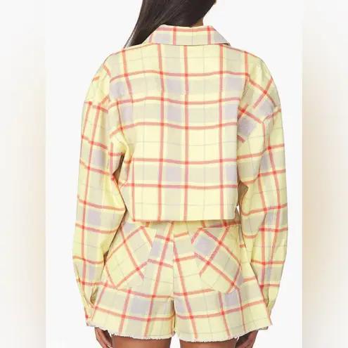 We Wore What NWT Plaid Denim Pale Yellow Jean Jacket Cropped in Garden Glade sz M