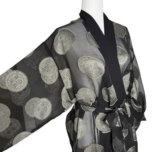 Vintage 90's Josie Robe One Size Sheer Satin Trim Kimono Medallion Lingerie Black
