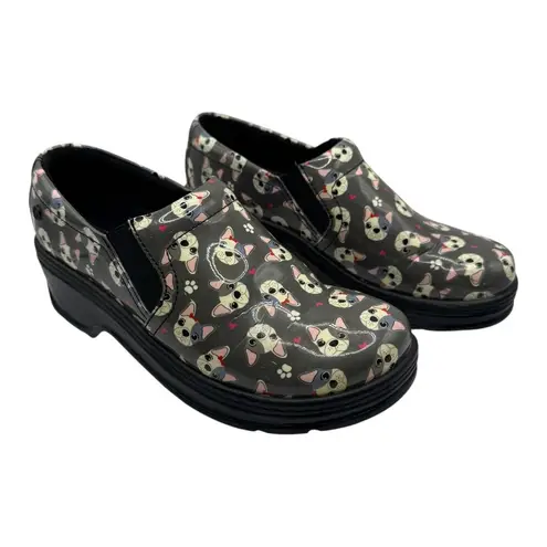 Klogs Shoes Women 8.5 Gray Naples French Me Bulldog Patent Leather Clogs