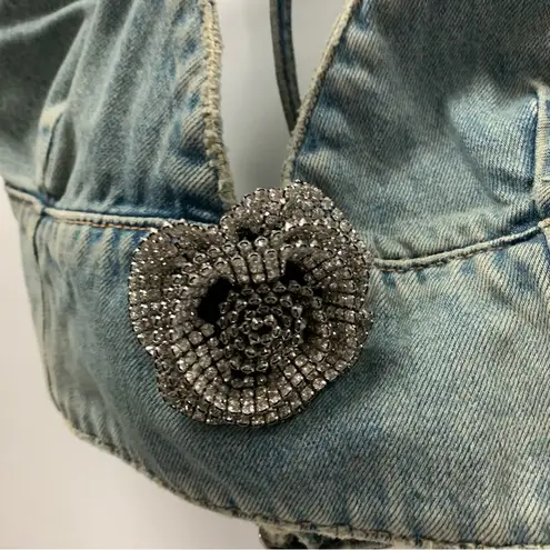 ZARA  BARBIE™ THE MOVIE @WARNER BROS. DENIM CROP TOP Size S rhinestone flower