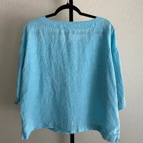 J Jill Linen Wide Cut Top Blue Large Relaxed Beach Lagenlook Vacation Summer