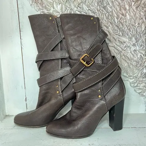 Chloé Paddington Leather Wrap Around Strap Mid Calf Boots Brown Women's 40 / 9