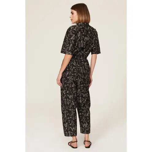 Thakoon Printed Utility Wide Leg Short Sleeve Collared Silk Jumpsuit Size Large Black