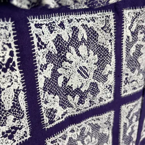 Handmade Blouse Lace Print Ruffled Short Puffed Sleeves Purple White Top Women