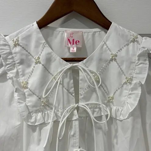 Boutique So Me The Charming Blouse Tie Front Pearl Detail Size Small White Boho