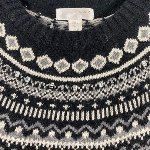 Kenar Women Black & Grey Lambswool Blend Bejeweled Fair Isle Sweater Size L NWT