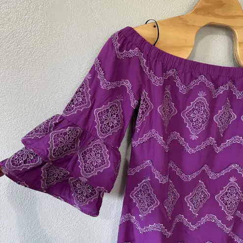 Boston Proper NEW Metallic Lace Detail Off The Shoulder Shift Dress Purple Large - Image 2