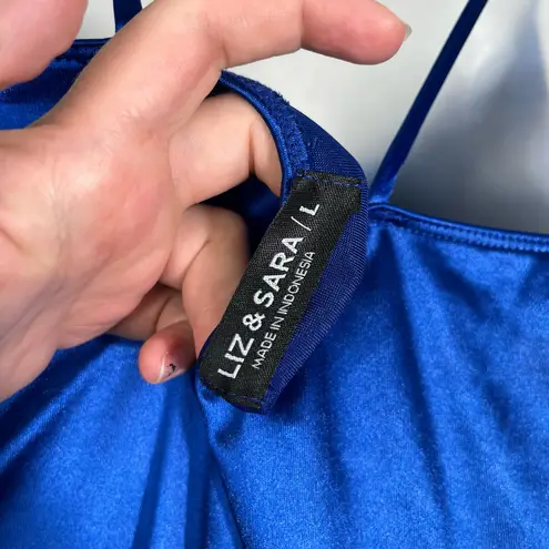 Liz & Sara Royal Blue Shiny Satin Ruched High Leg Slit Party Dress Large L Prom