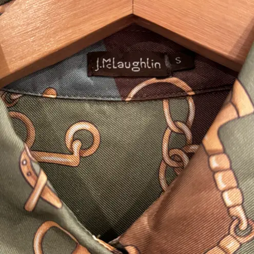 J. McLaughlin Silk Blend Equestrian Print Button Down Blouse Green Brown Small