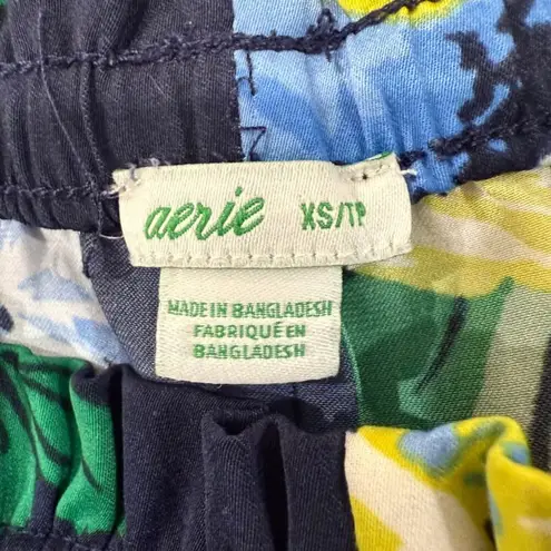 Aerie  Satin Ruffle Tropical Floral Sleep Short Pajamas Women's XS Blue Pockets