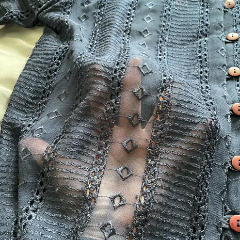 Vintage Passports Pier 1 long sleeve semi sheer navy embroidered button up top L Blue Size L