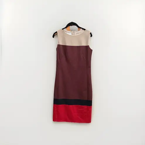 Akris PUNTO Sz US 4 Tan Maroon Red Fall Sheath Dress Viscose Wool Blend