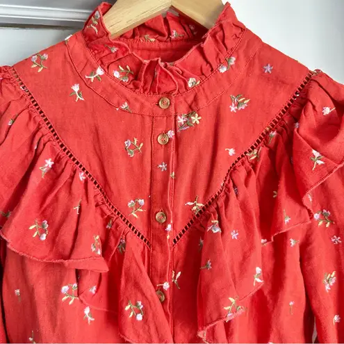 Sézane RARE Sezane Fares Embroidered Ruffled Button Up Blouse