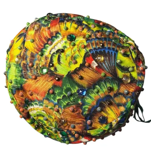Vintage Patrice Beaded Jeweled Pillbox Hat Peacock Print Union Made USA 60s Green