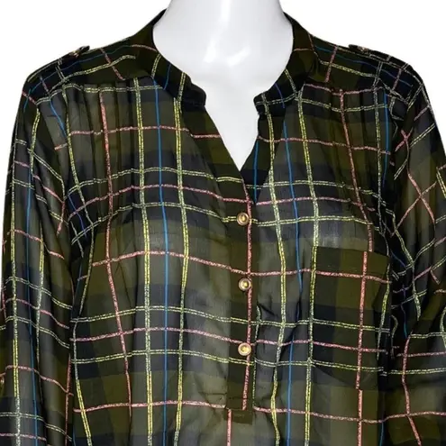 Signature Studio Shirt Women Large Green Plaid Sheer Popover Office Casual