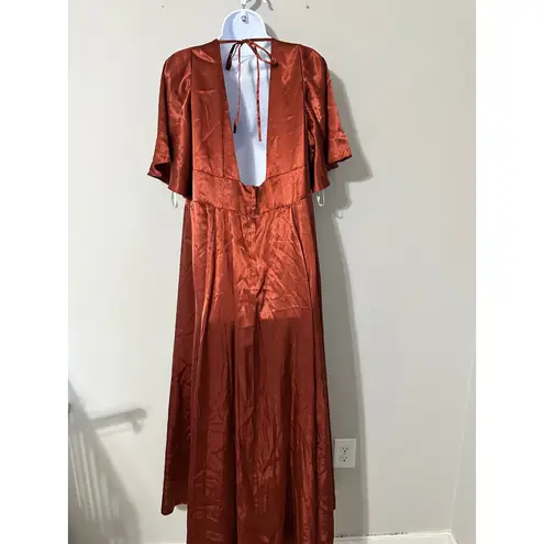 GALINA SIGNATURE Satin Cinnamon Maxi Gown Dress V Neck Slit Size 20 Orange