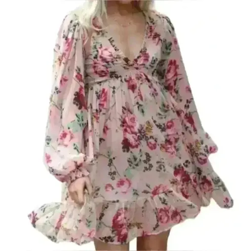 By Timo Pink Floral Long Sleeve Mini Dress Small Made in India Coquette Fairy