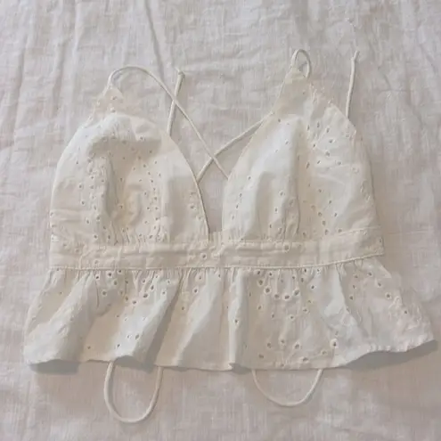 White Cotton Eyelet Peplum Crop Top Criss Cross Back Straps Size Small