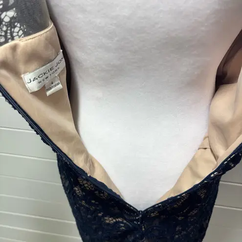 JACKIE JON Couture Navy & Nude Lace & Sequin Midi Dress Embellished Waistline 4 Blue