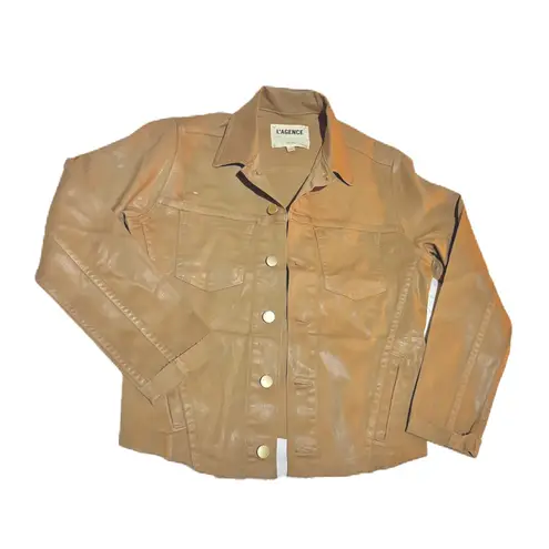 L'Agence L’AGENCE Janelle Cappuccino Coated Jacket Gold Buttons Raw Edge Women Small - Image 4