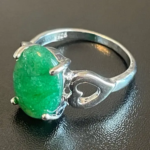 Green jade silver heart ring size 8.75