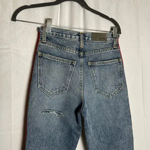 Carmen Straight Thrashed Distressed High Rise Red Tuxedo Stripe Denim Blue Jeans Size 23