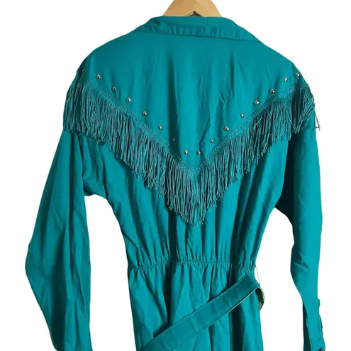 Vintage Teal Blue Western Boho Fringed Studded Long Sleeve Maxi Shirt Dress M Size M