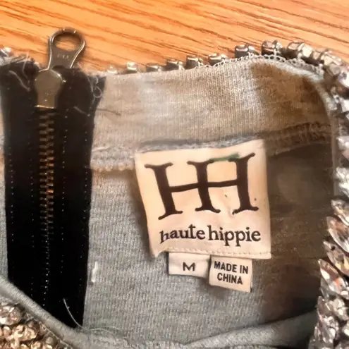 Haute Hippie Herringbone Sweatshirt Crystal Necklace Reverse Weave Sweater sz M