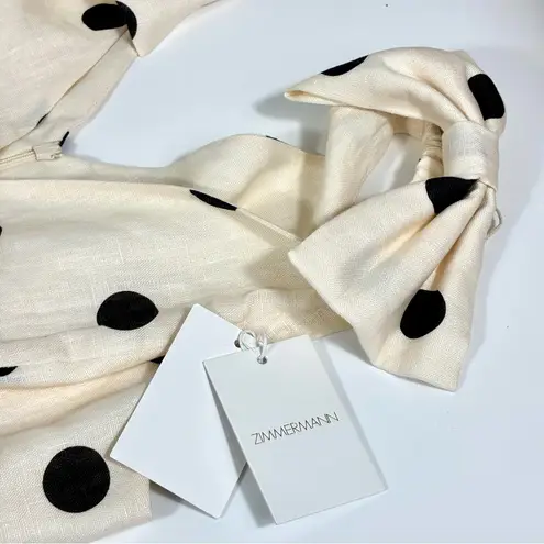 Zimmermann Crush Polka Dot Linen Midi Dress Cream Black US 12 AU 4 NWT