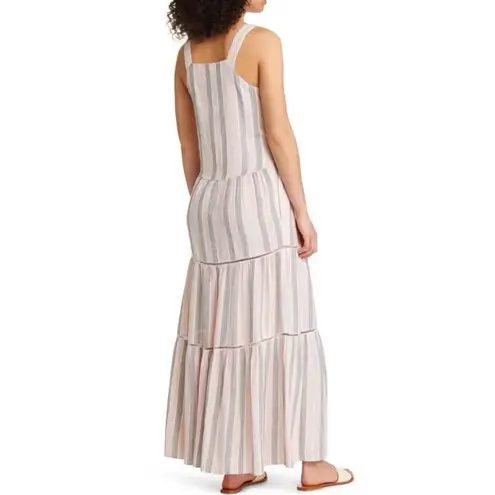 Caslon New  Cabana Stripe Linen Blend Lattice Trim Tiered Maxi Dress Size Medium