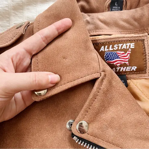 All State • brown leather motorcycle jacket insulated lined moto Indian logo Tan Size L