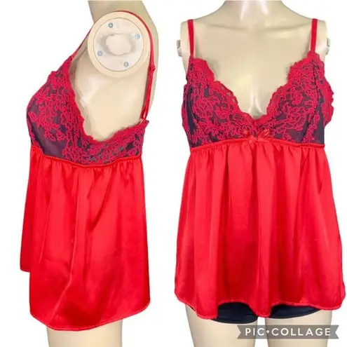 Tahari Sleepwear Womens Lingerie Top Pajama Sleepwear Satin Lace Babydoll Red