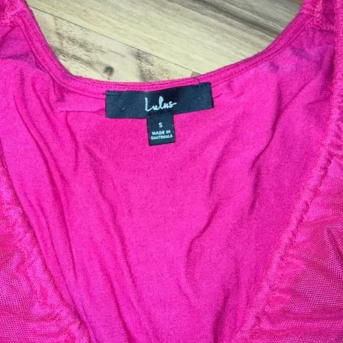 Lulus Ruched Mesh Bodysuit Deep V Neck Long Sleeve Hot Pink Sexy Top Small sheer