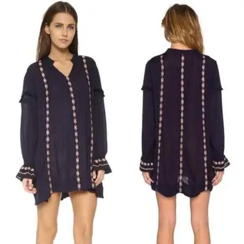 Tularosa  Dress Women's Size S Arabella Tunic Embroidered Mini Long Sleeve Navy