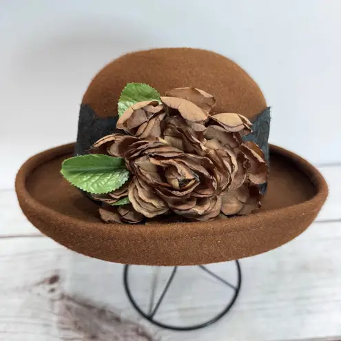 Vintage Brown 100% Wool Bucket Hat with Flower Flapper 1920s Style Derby Lace