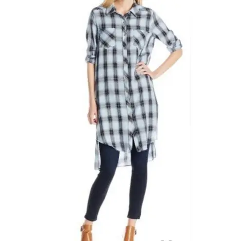 Democracy Plaid Shirt Dress Womens Plus Size 2X Blue Cotton Raw Edge Pockets