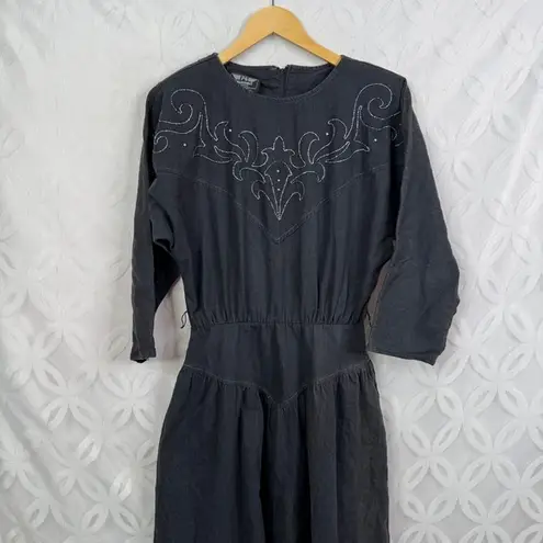 PG Collections Western Style Black Denim Dress with White Embroidery Size 10