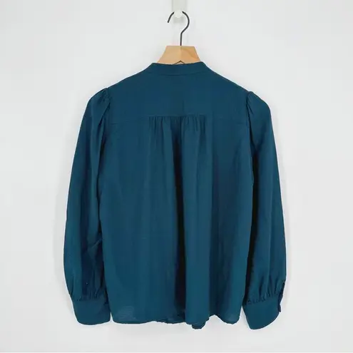 Ba&sh Laure Pintuck Button Front Shirt Puff Sleeve Crochet Trim Blue Women's XS