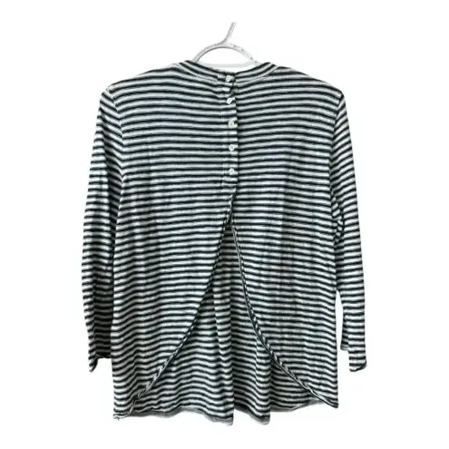 Free People WE THE FREE Navy & White Striped 3/4 Sleeve‎ Cotton Top - Open Back w/ Buttons s